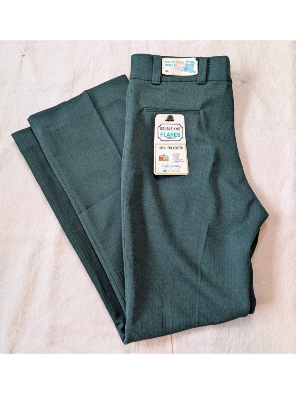 Vintage 70s Green Double Knit Poly Dress Flares KMart NOS Men's 33x36 NWT
